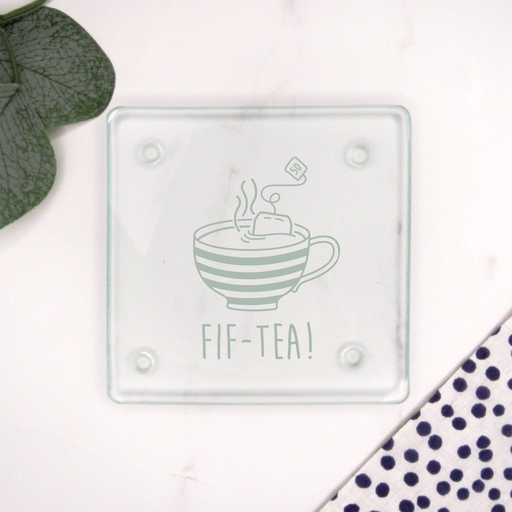 Square Glass Coaster "FIF-TEA" Design, 50th Birthday Gift for Him