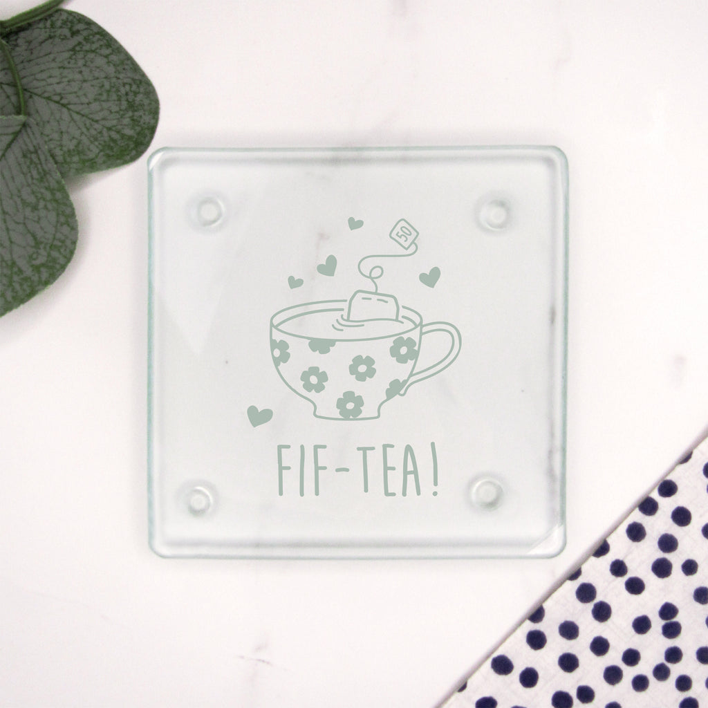 Engraved Square Glass Coaster "FIF-TEA" Design, 50th Birthday Gift
