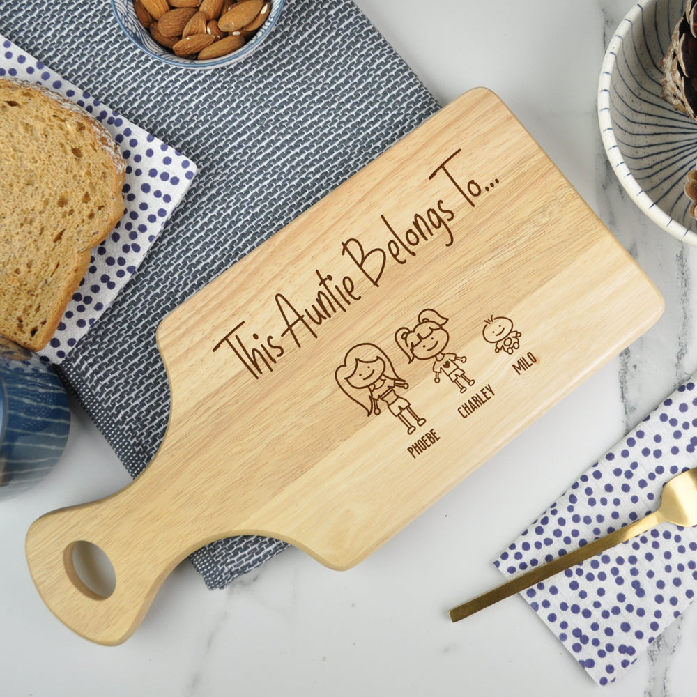 Personalised "This Auntie Belongs To" Family Portrait Wooden Chopping Paddle Board