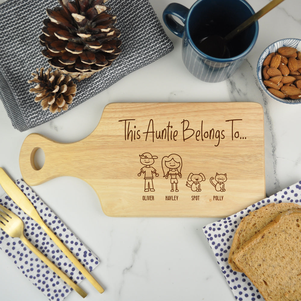 Personalised "This Auntie Belongs To" Family Portrait Wooden Chopping Paddle Board