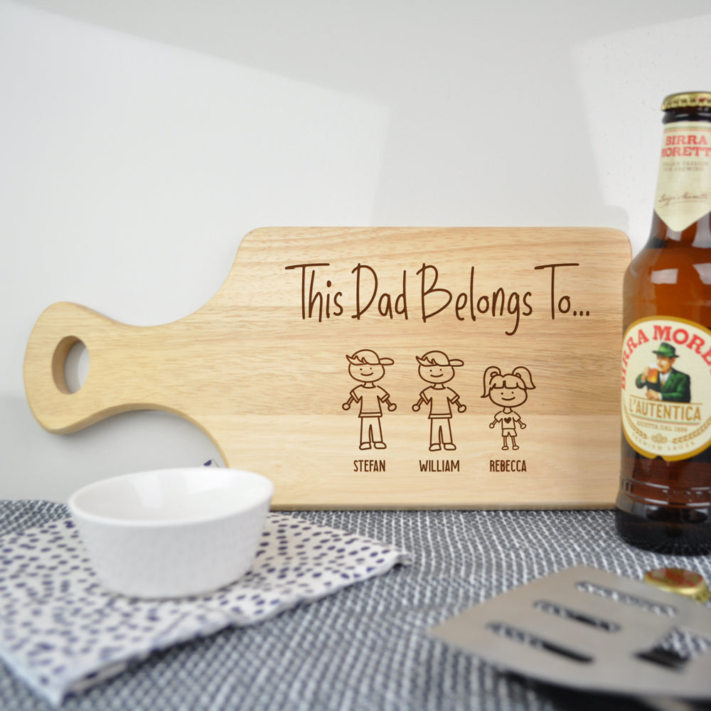 Personalised "This Dad Belongs To" Family Portrait Wooden Chopping Paddle Board