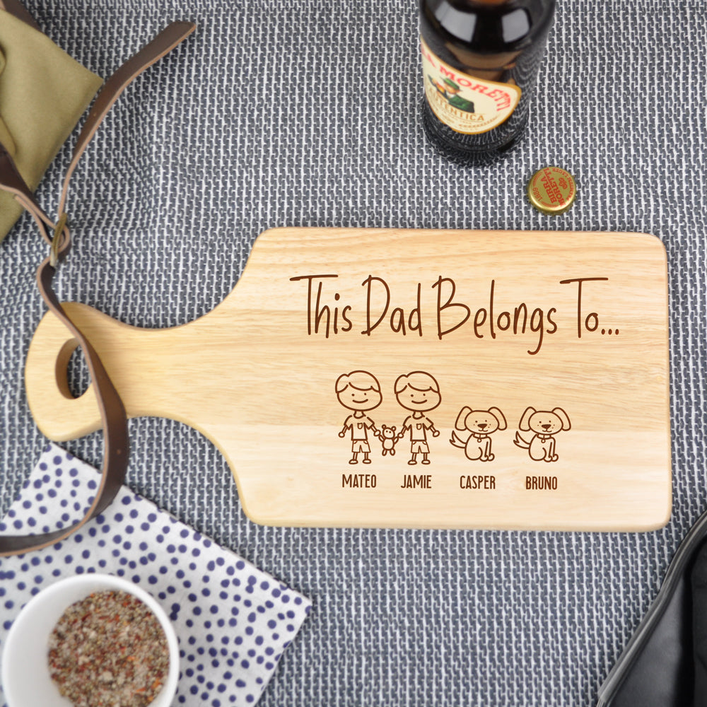 Personalised "This Dad Belongs To" Family Portrait Wooden Chopping Paddle Board