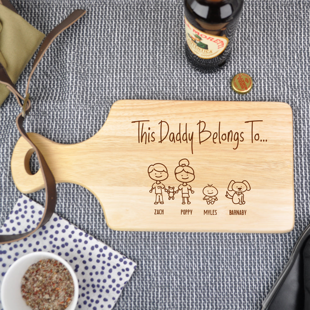 Personalised "This Daddy Belongs To" Family Portrait Wooden Chopping Paddle Board