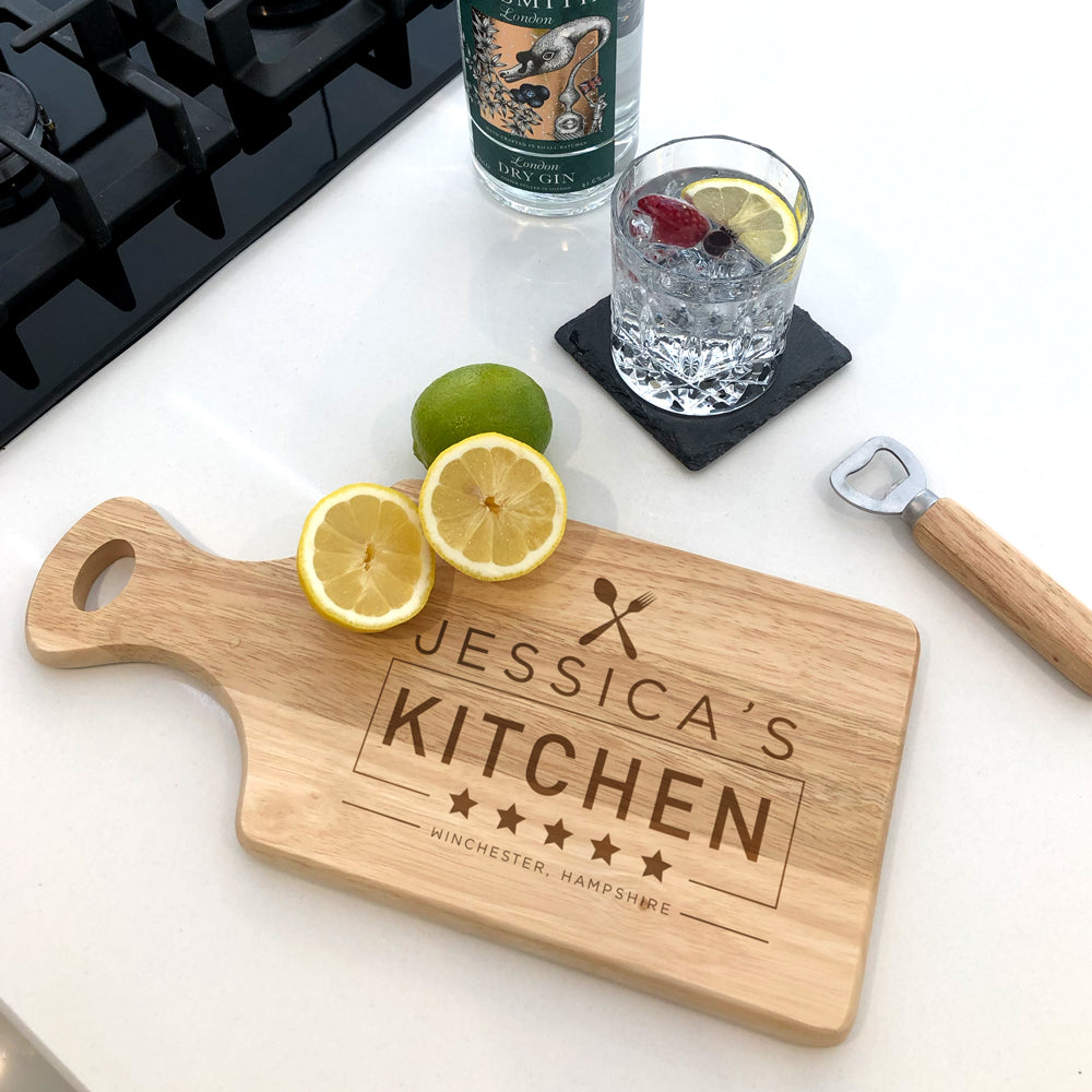 Personalised Wooden Paddle Board, Chopping /  Cheeseboard - 5 Star Kitchen, Town & County