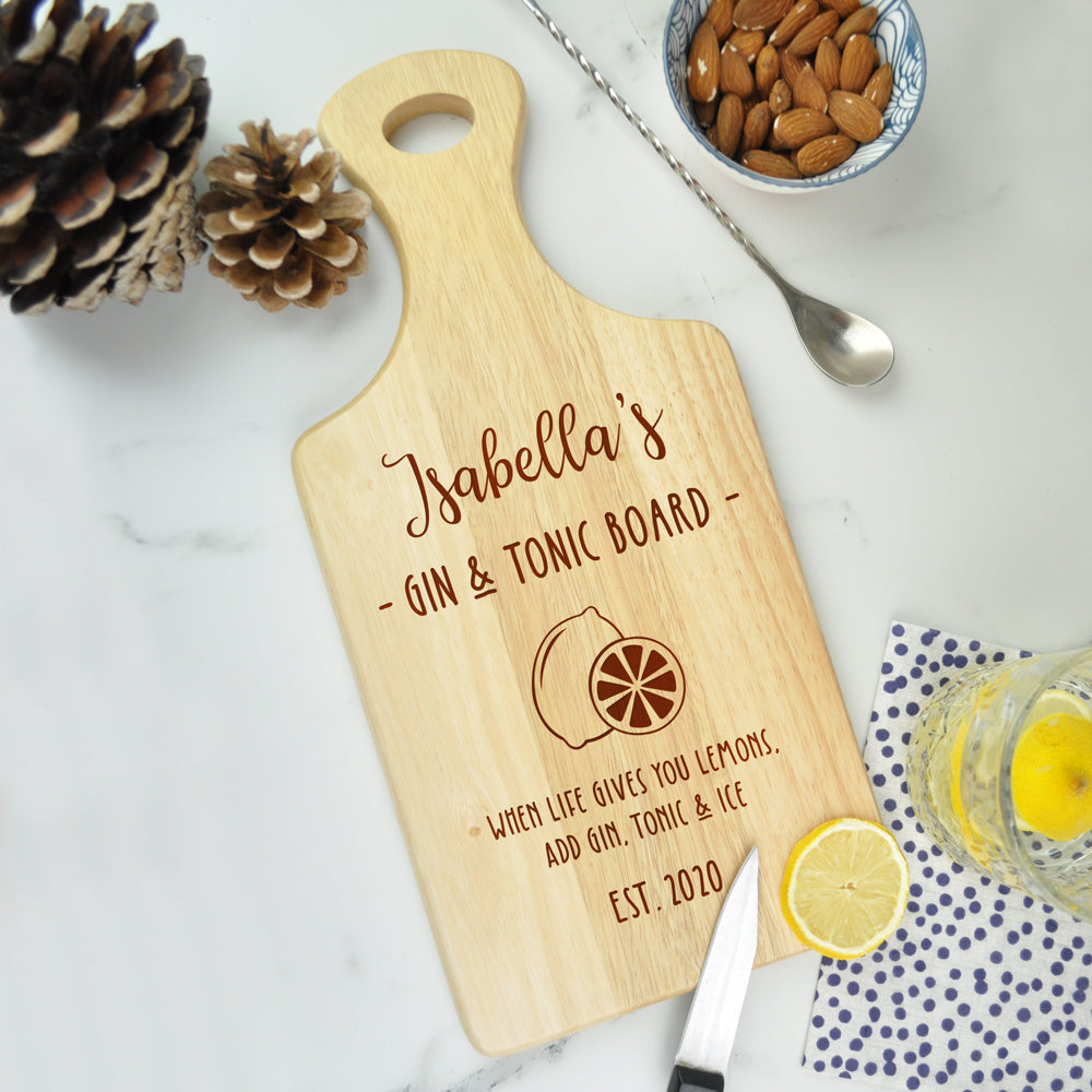 Personalised Gin & Tonic Wooden Paddle Chopping Board -When Life Gives You Lemons Add Gin, Tonic and Ice