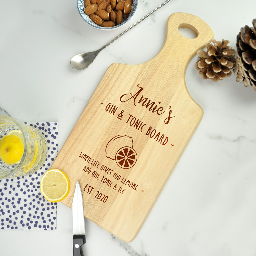Personalised Gin & Tonic Wooden Paddle Chopping Board -When Life Gives You Lemons Add Gin, Tonic and Ice