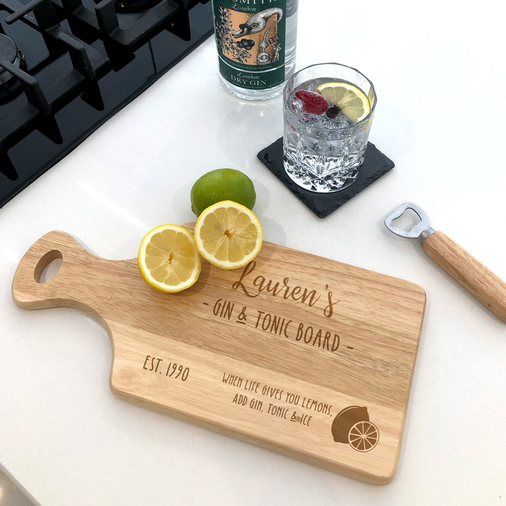 Gin & Tonic Personalised Wooden Paddle Chopping Board -When Life Gives You Lemons Add Gin, Tonic and Ice