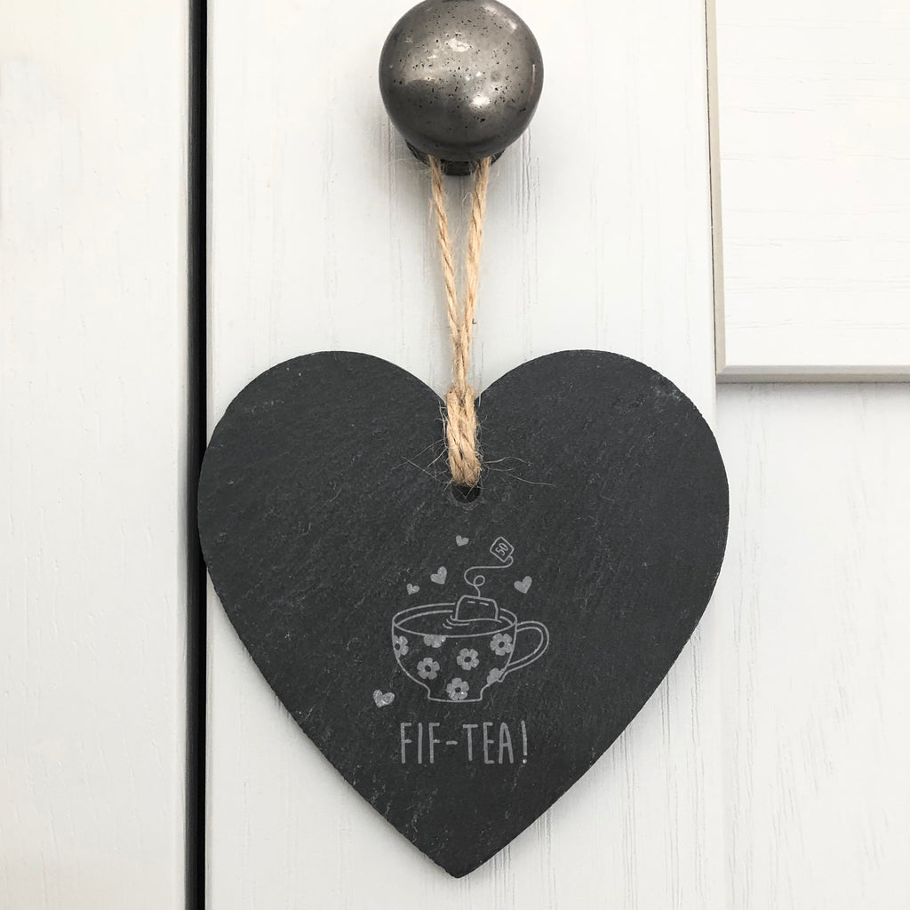 Engraved Hanging Slate Heart Decoration "FIF-TEA" Design, 50th Birthday Gift