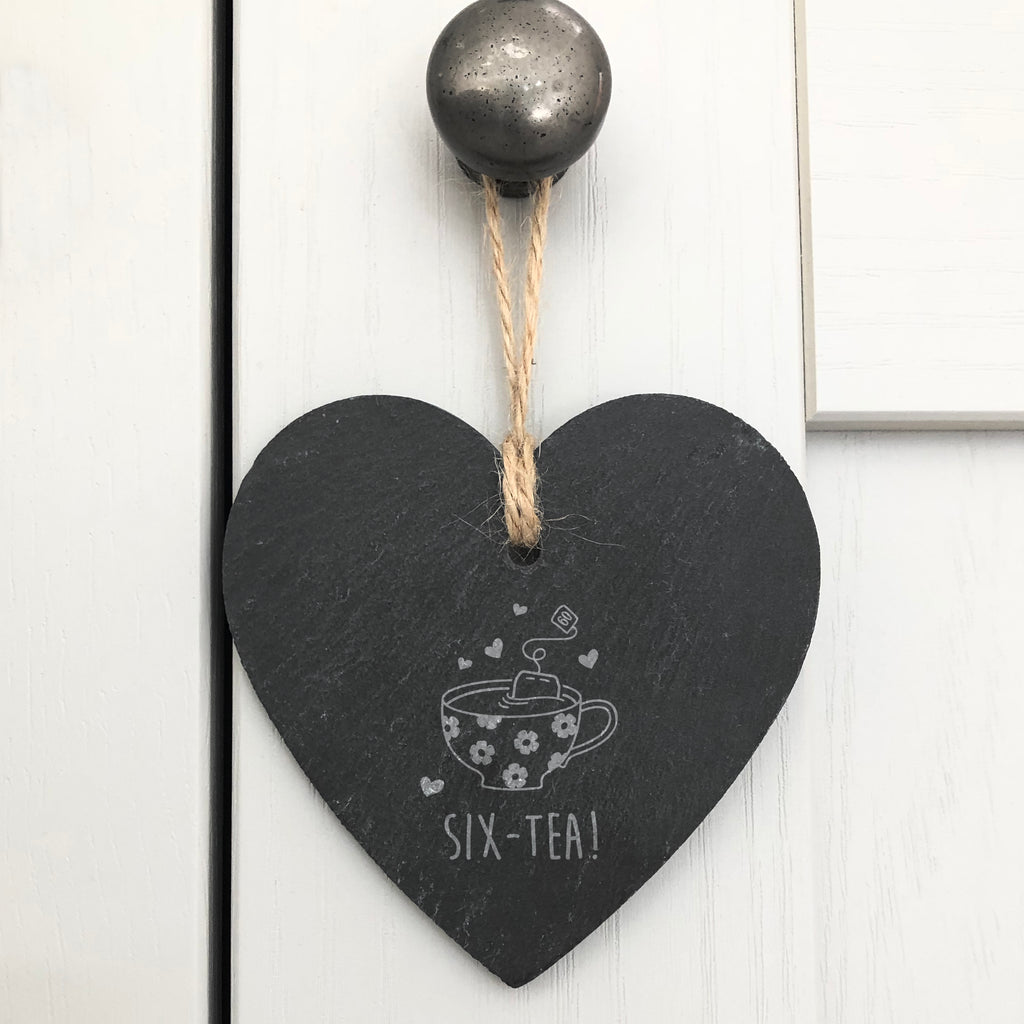 Engraved Hanging Slate Heart Decoration "SIX-TEA" Design, 60th Birthday Gift