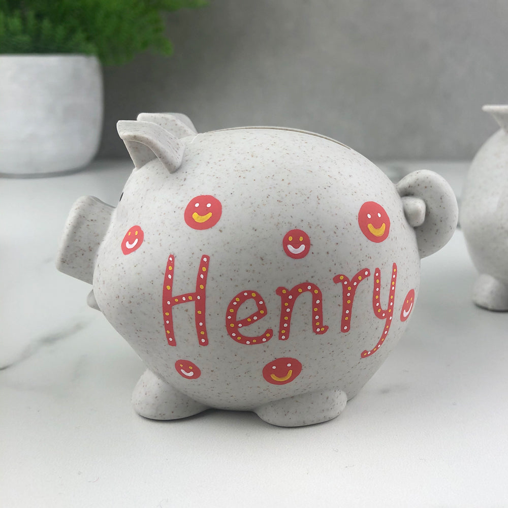 Mini Personalised Piggy Bank, Hand Drawn Customised Bamboo Fibre Piggi Bank, Eco-Friendly Money Box