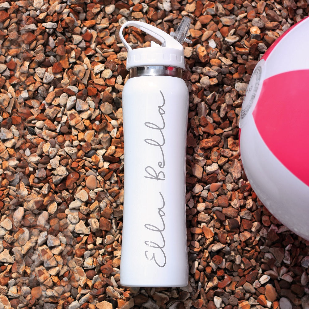 Personalised White 800 ml Water Bottle Island Inspired Font with Flip Straw