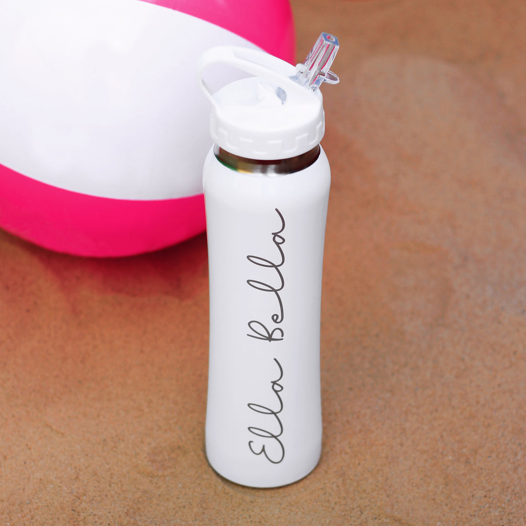 Personalised White 800 ml Water Bottle Island Inspired Font with Flip Straw