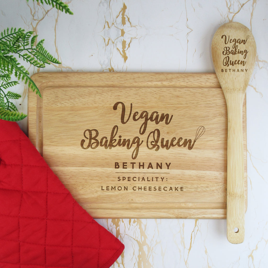 Personalised 'Vegan Baking Queen' Set - Includes a Wooden Cake Stand & Wooden Spoon