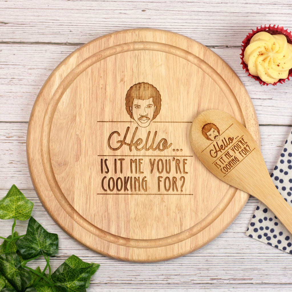 Engraved "Hello, Is It Me You're Cooking For?" Round Chopping Board & Spoon Set