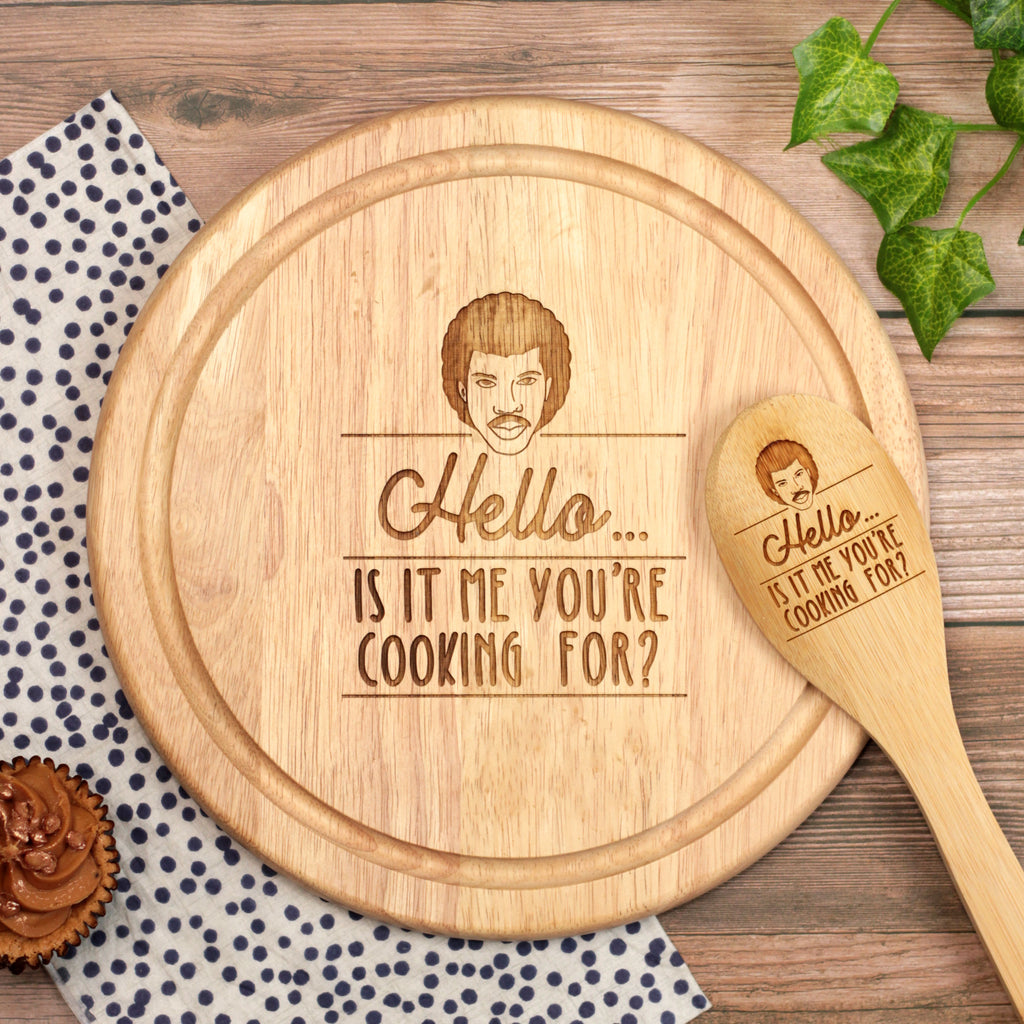 Engraved "Hello, Is It Me You're Cooking For?" Round Chopping Board & Spoon Set
