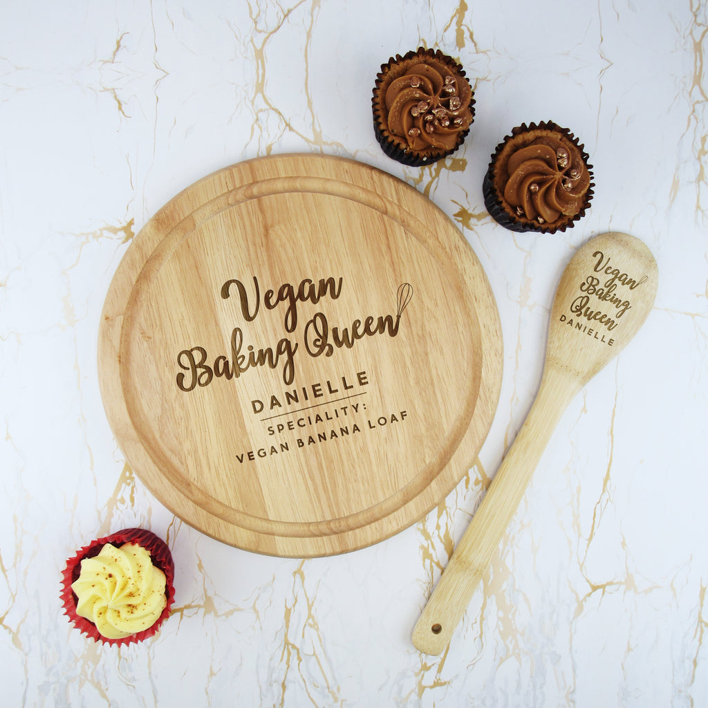 Personalised 'Vegan Baking Queen' Set - Includes a Wooden Cake Stand & Wooden Spoon