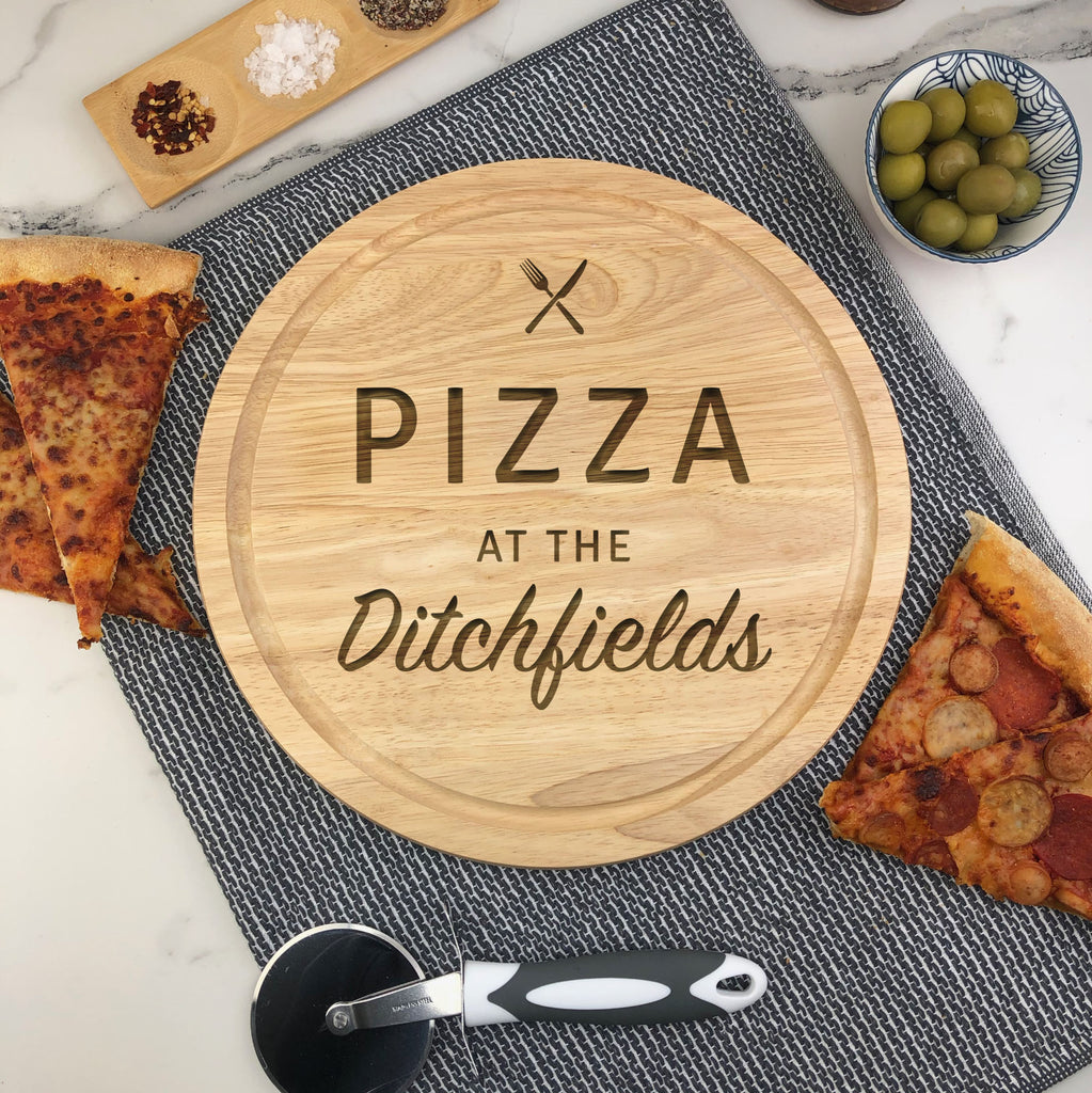 Personalised 'Pizza At The' Wooden 30cm Chopping Board - Any Surname