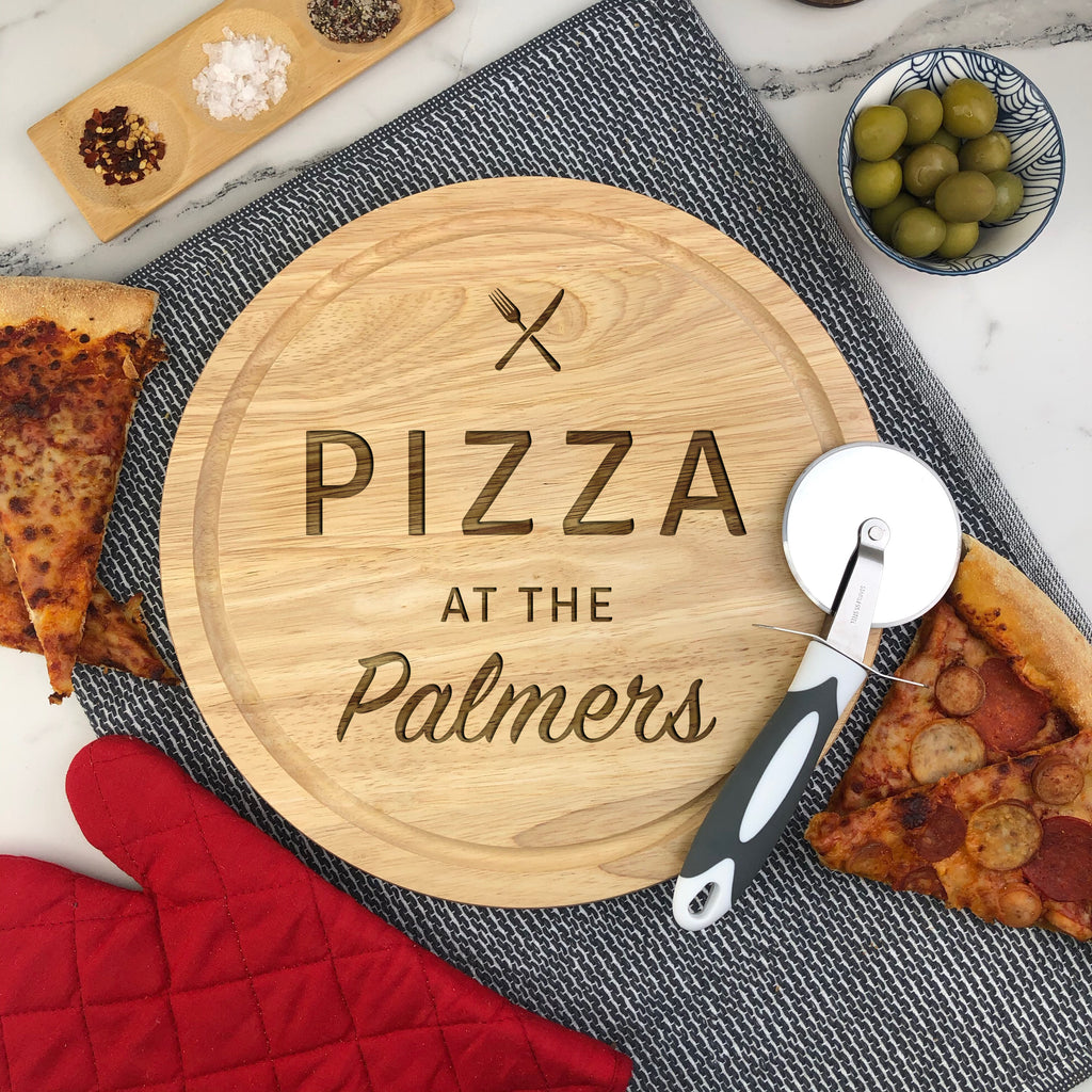 Personalised 'Pizza At The' Wooden 30cm Chopping Board - Any Surname