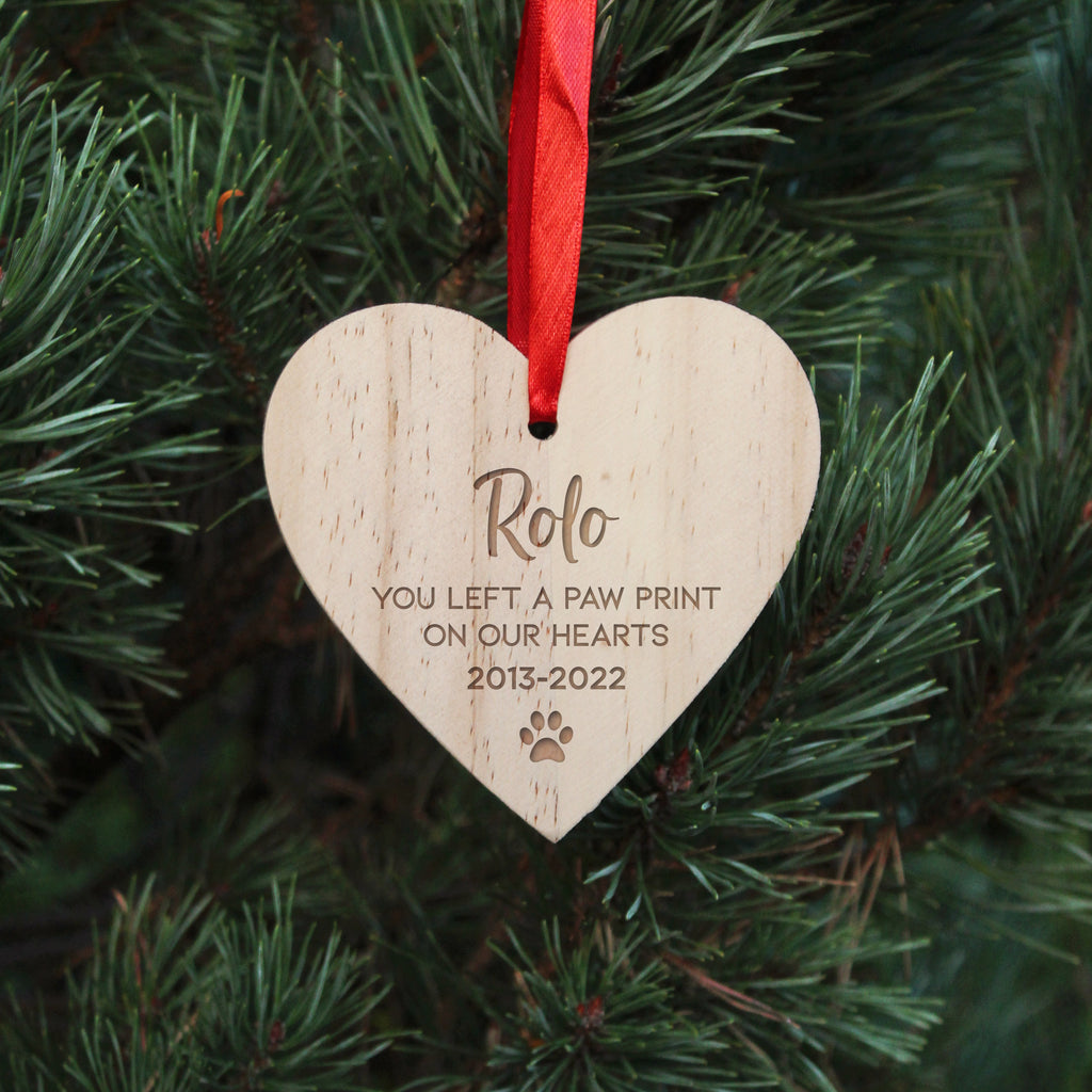 Personalised Wooden Hanging Heart Decoration with Red Ribbon - You Left A Pawprint On Our Hearts