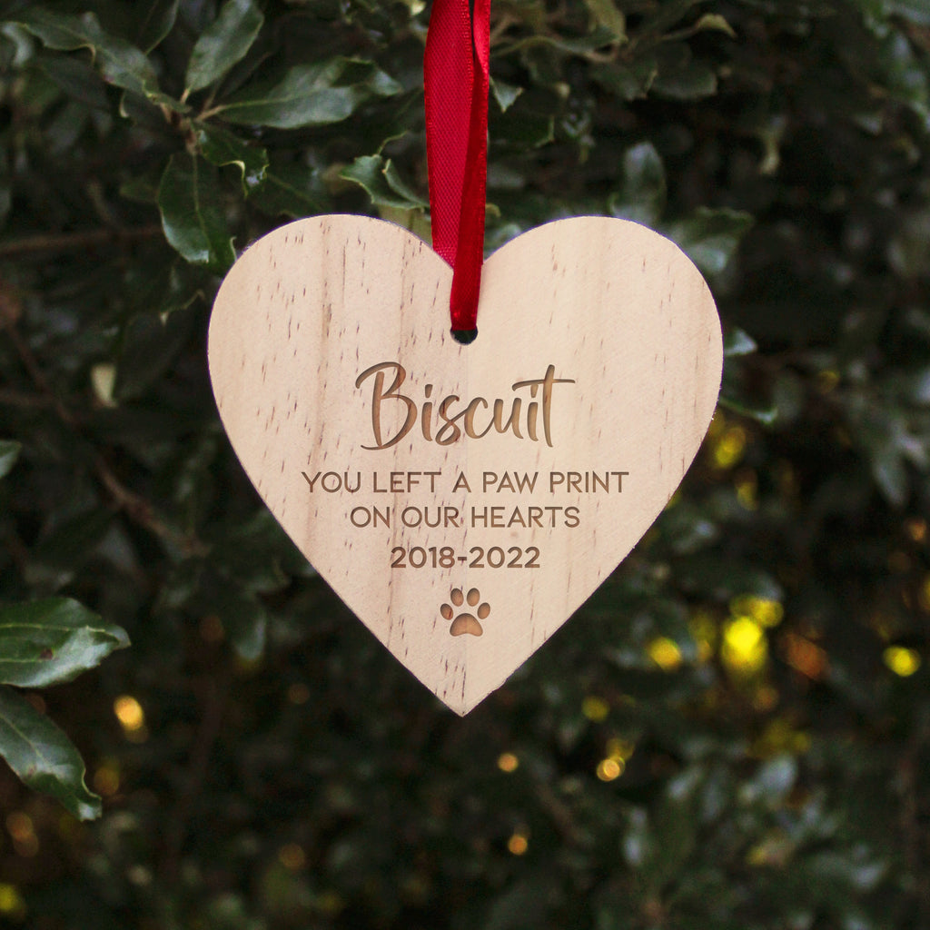 Personalised Wooden Hanging Heart Decoration with Red Ribbon - You Left A Pawprint On Our Hearts