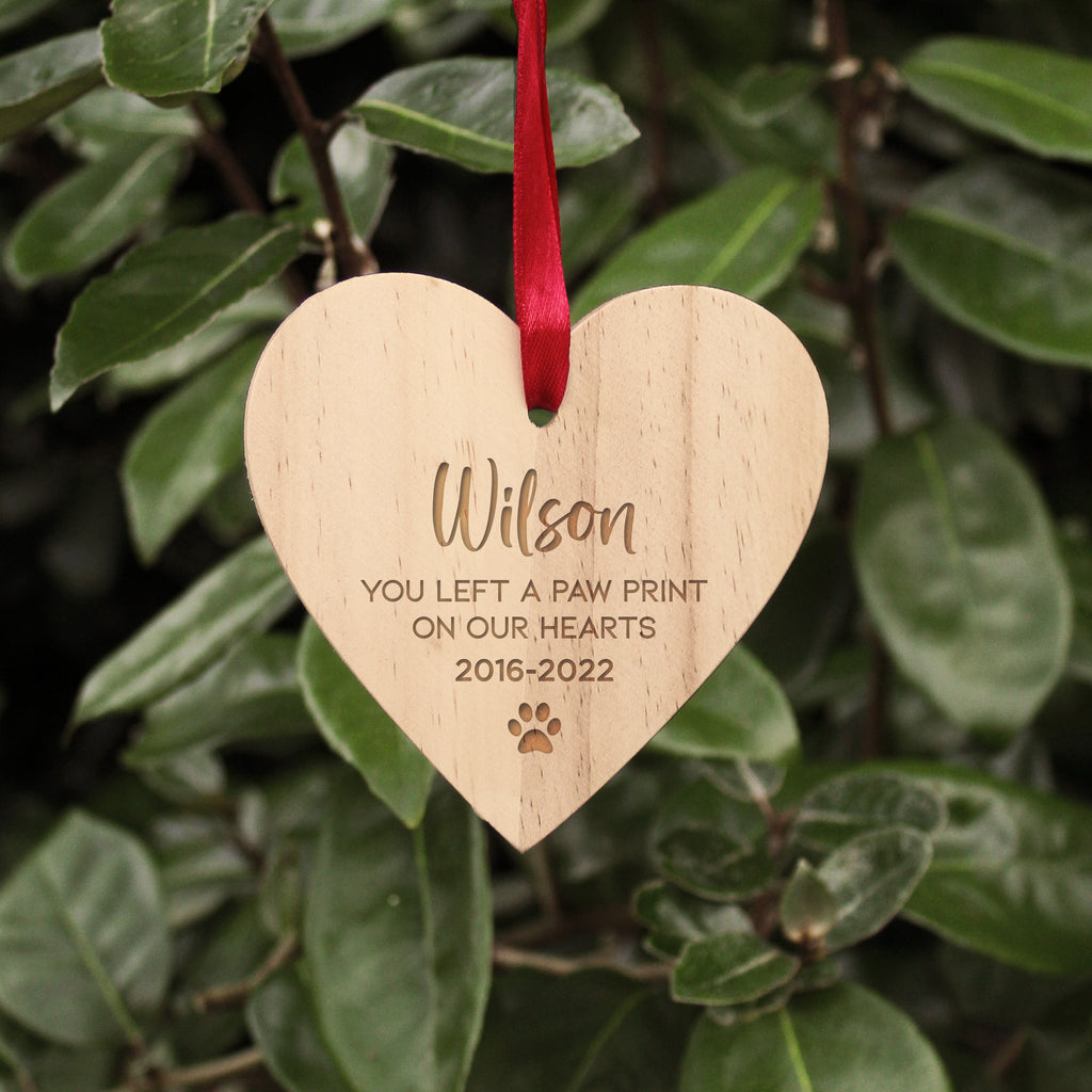 Personalised Wooden Hanging Heart Decoration with Red Ribbon - You Left A Pawprint On Our Hearts