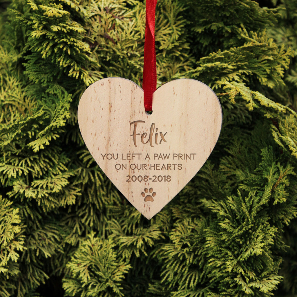 Personalised Wooden Hanging Heart Decoration with Red Ribbon - You Left A Pawprint On Our Hearts