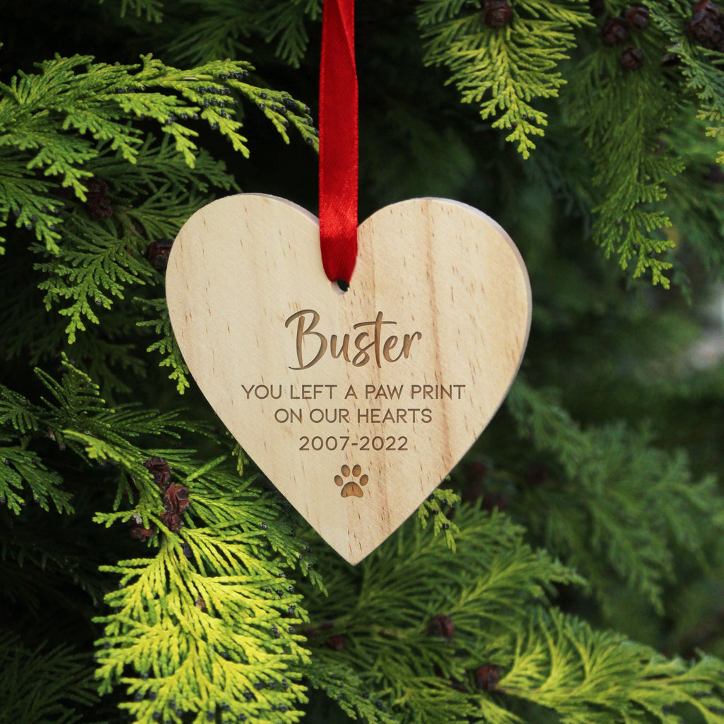 Personalised Wooden Hanging Heart Decoration with Red Ribbon - You Left A Pawprint On Our Hearts