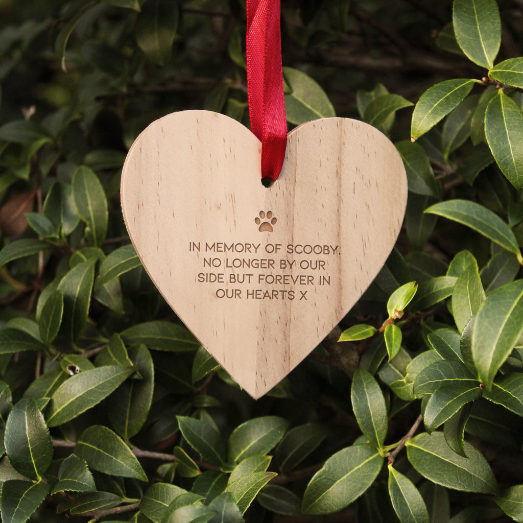 Personalised Wooden Hanging Heart Decoration with Red Ribbon - You Left A Pawprint On Our Hearts