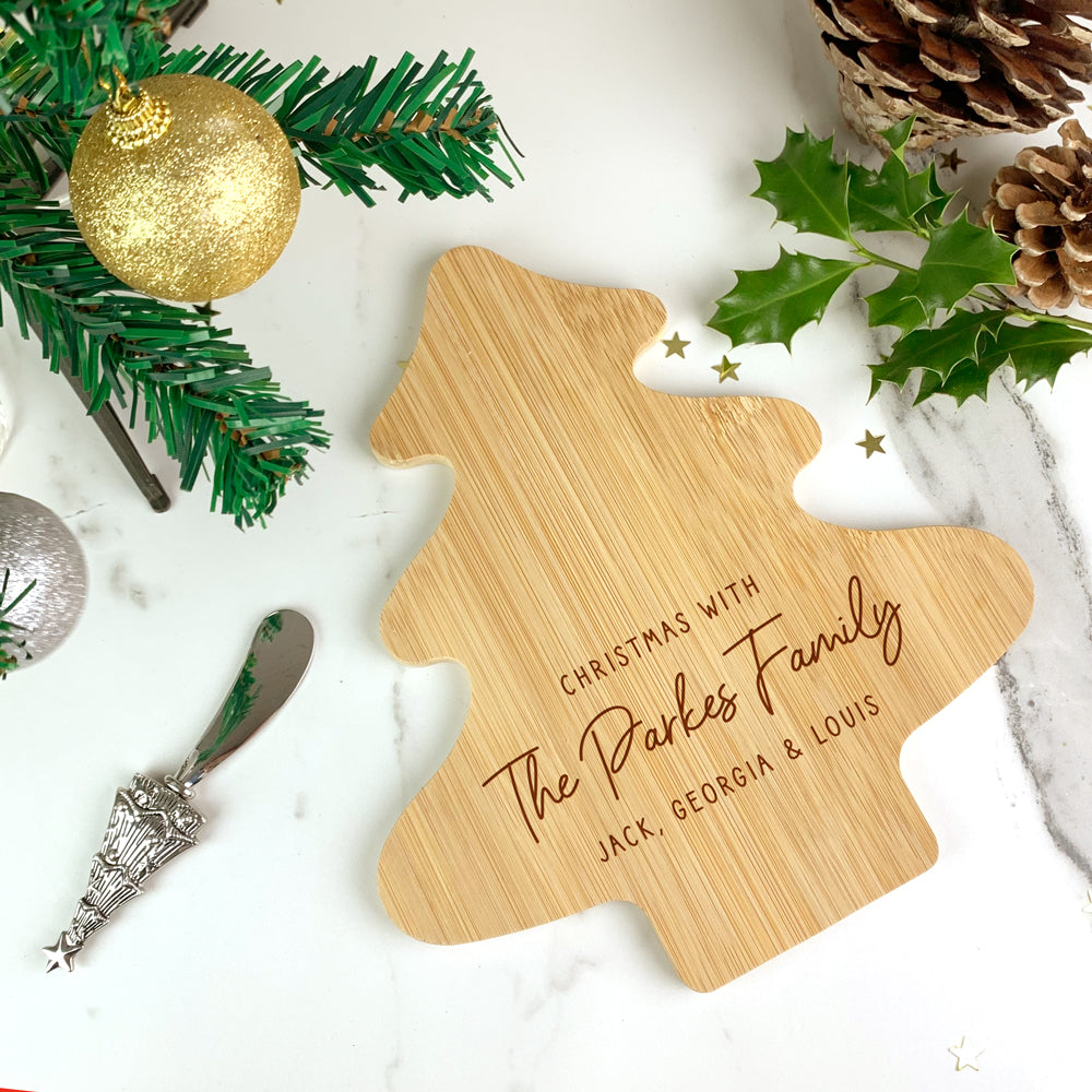 Personalised Christmas Bamboo Tree Shaped Cheeseboard with Stainless Steel Knife Cheese Spreader