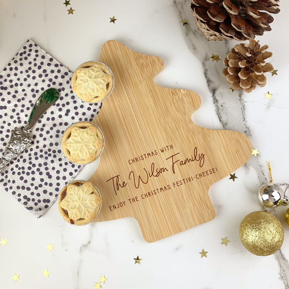 Personalised Christmas Bamboo Tree Shaped Cheeseboard with Stainless Steel Knife Cheese Spreader