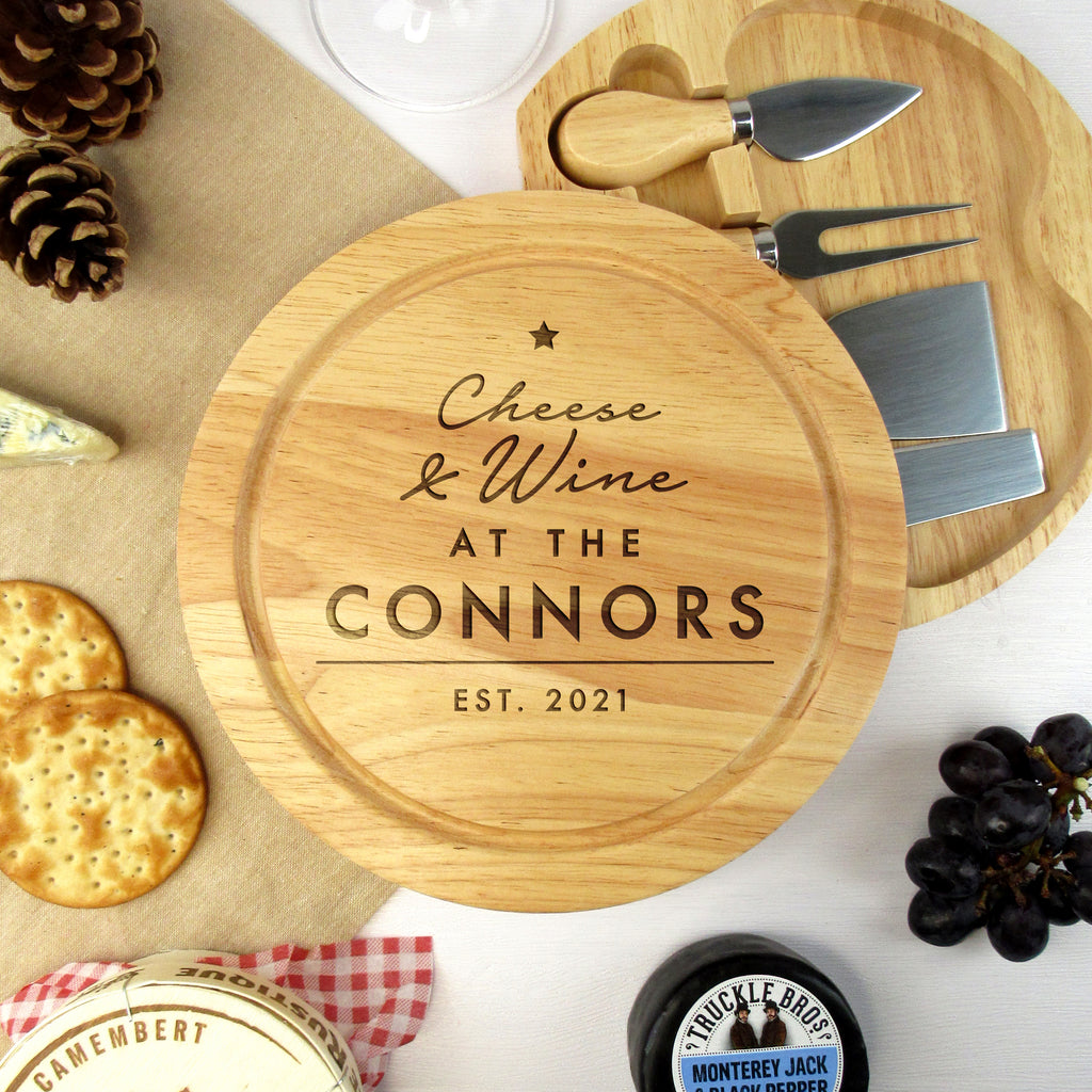 Personalised Wooden 21cm Cheese & Wine Board Set with Cheese Servers