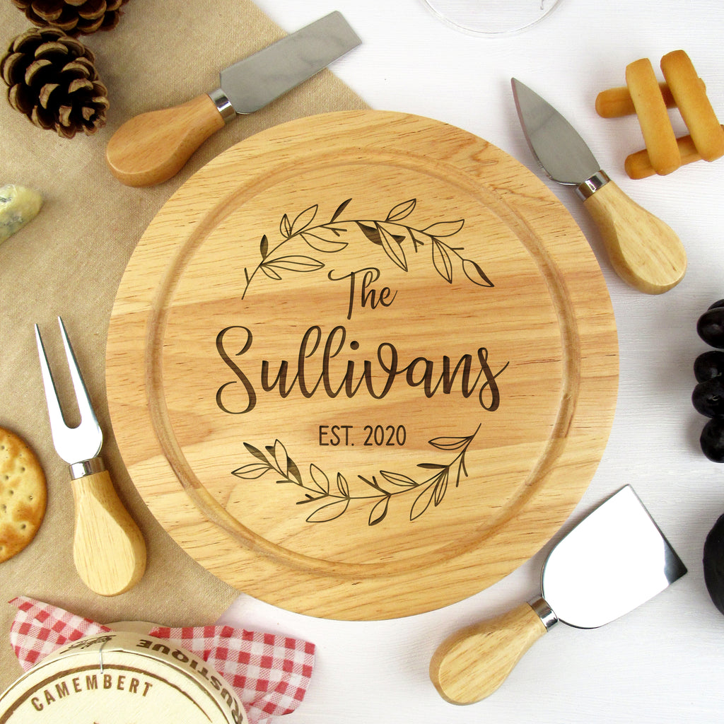 Personalised Wooden 21cm Cheeseboard Set with Cheese Servers - Surname & Established Date