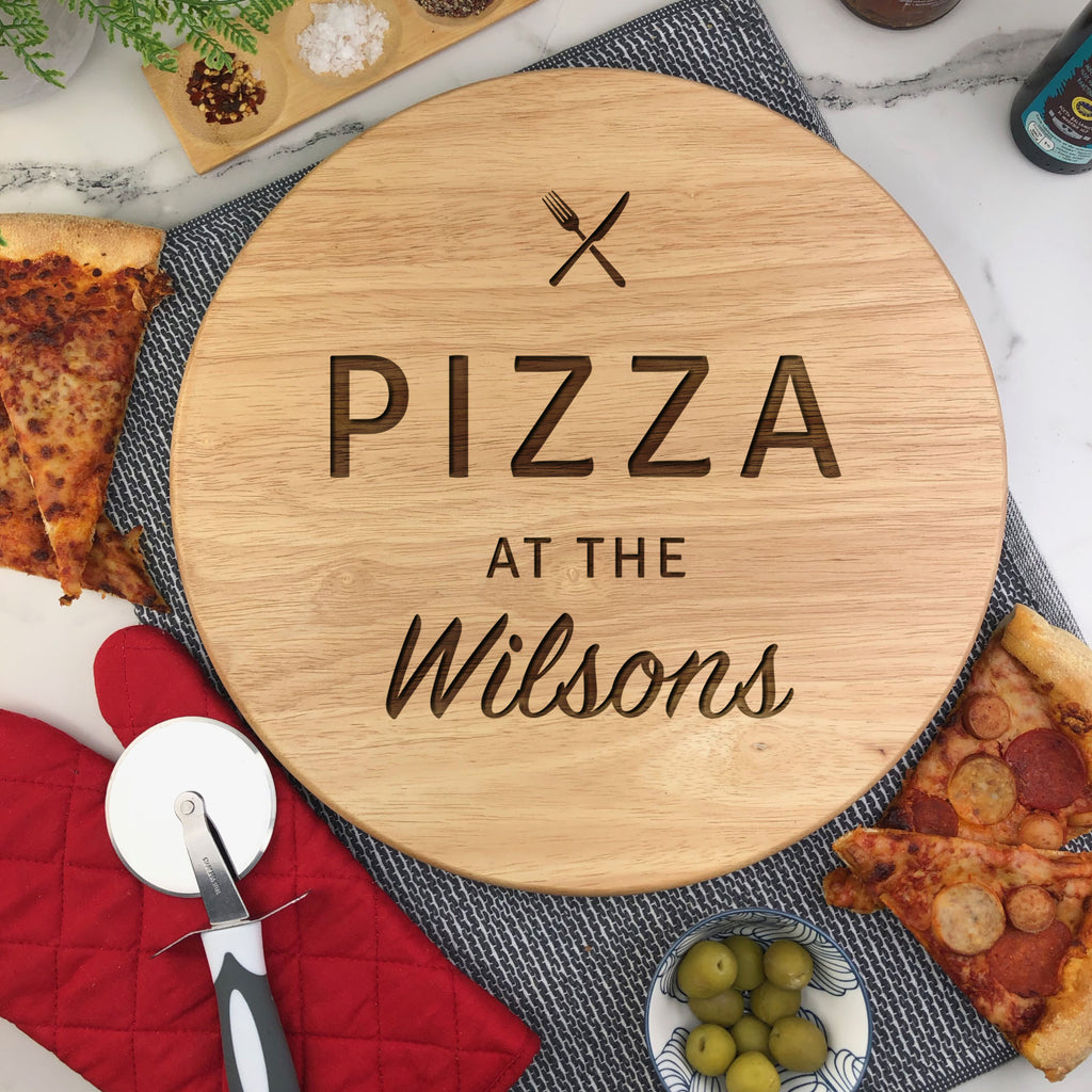 Personalised Pizza Board 35 cm Wooden Rotating Lazy Susan - Any Surname Engraved
