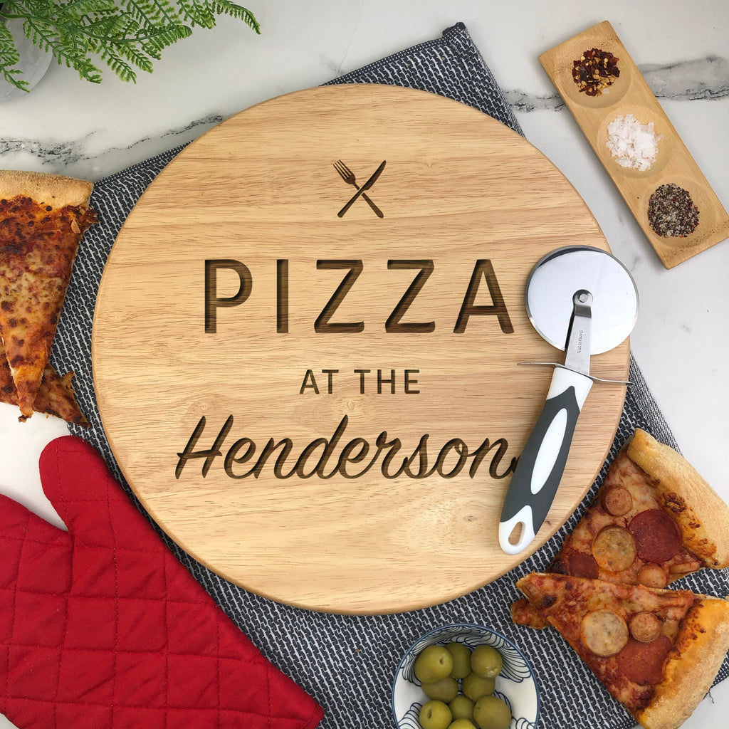 Personalised Pizza Board 35 cm Wooden Rotating Lazy Susan - Any Surname Engraved