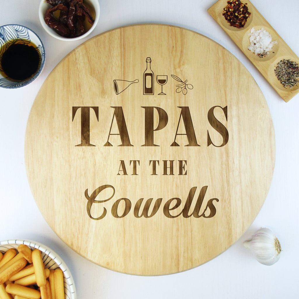 Personalised 'Tapas At The" Board 35 cm Wooden Rotating Lazy Susan - Any Surname Engraved