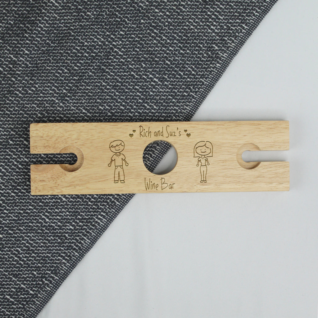 Personalised Wine Glass and Bottle Butler with Mum & Dad Stick Family Character Design