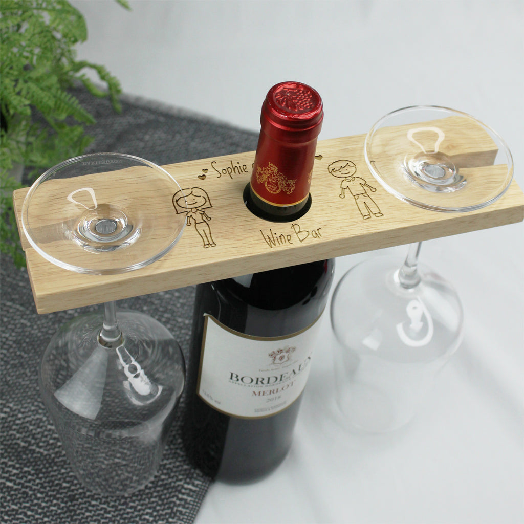 Personalised Wine Glass and Bottle Butler with Mum & Dad Stick Family Character Design