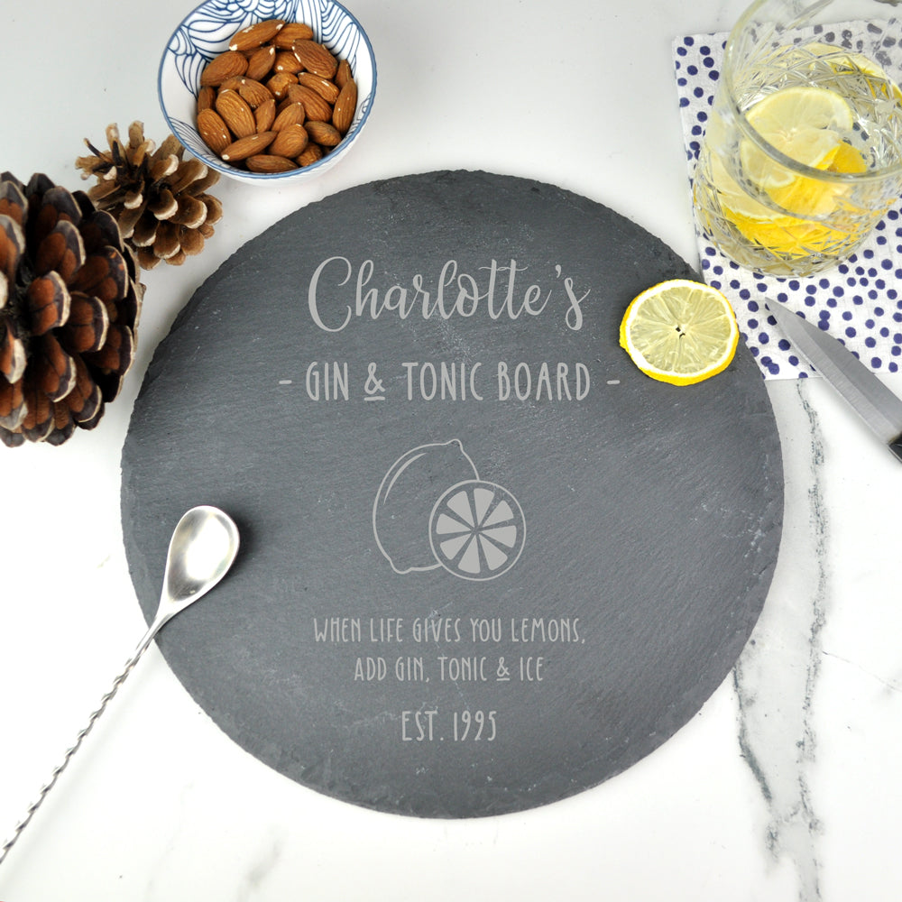 Personalised G & T Lemon / Lime Slate Cutting Chopping Board - Gin and Tonic Gift