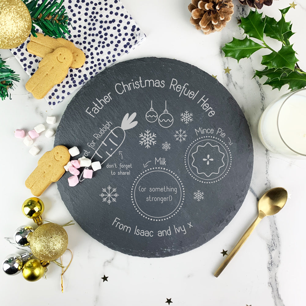 Personalised Slate Round Christmas Eve Plate for Santa & Rudolph