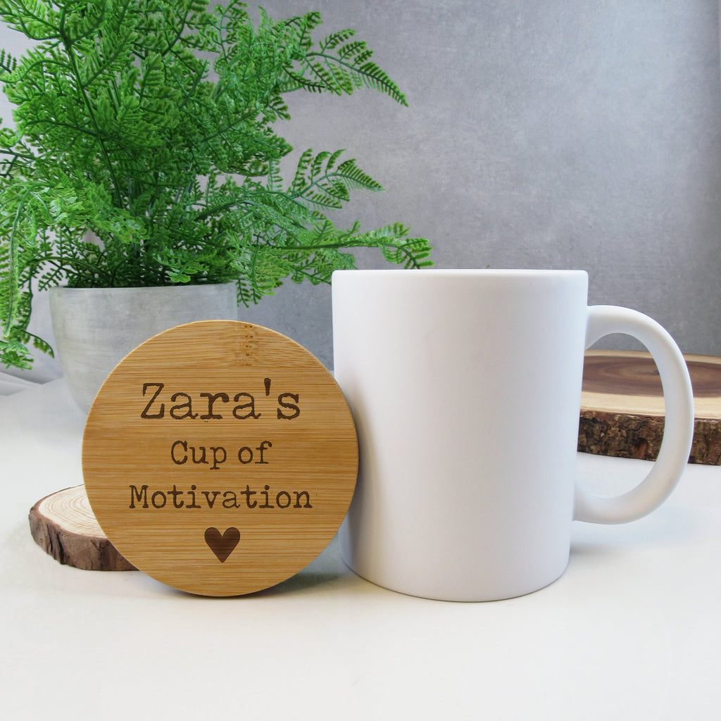 Personalised White Coffee Cup of Motivation with Engraved Bamboo Lid - 370 ml Matt Finish Tea Mug
