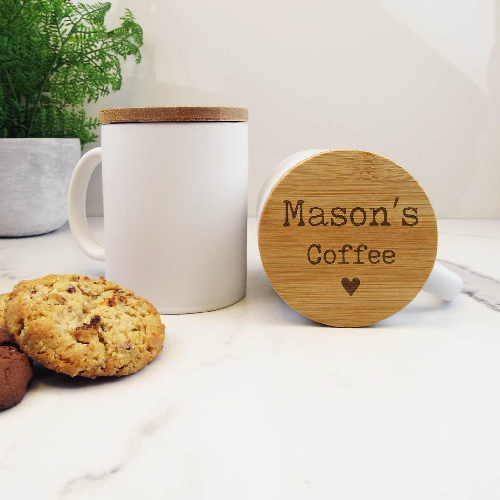 Personalised Ceramic Coffee Lover Mug with Polished Bamboo Lid - 370 ml Matt Finish Tea Cup