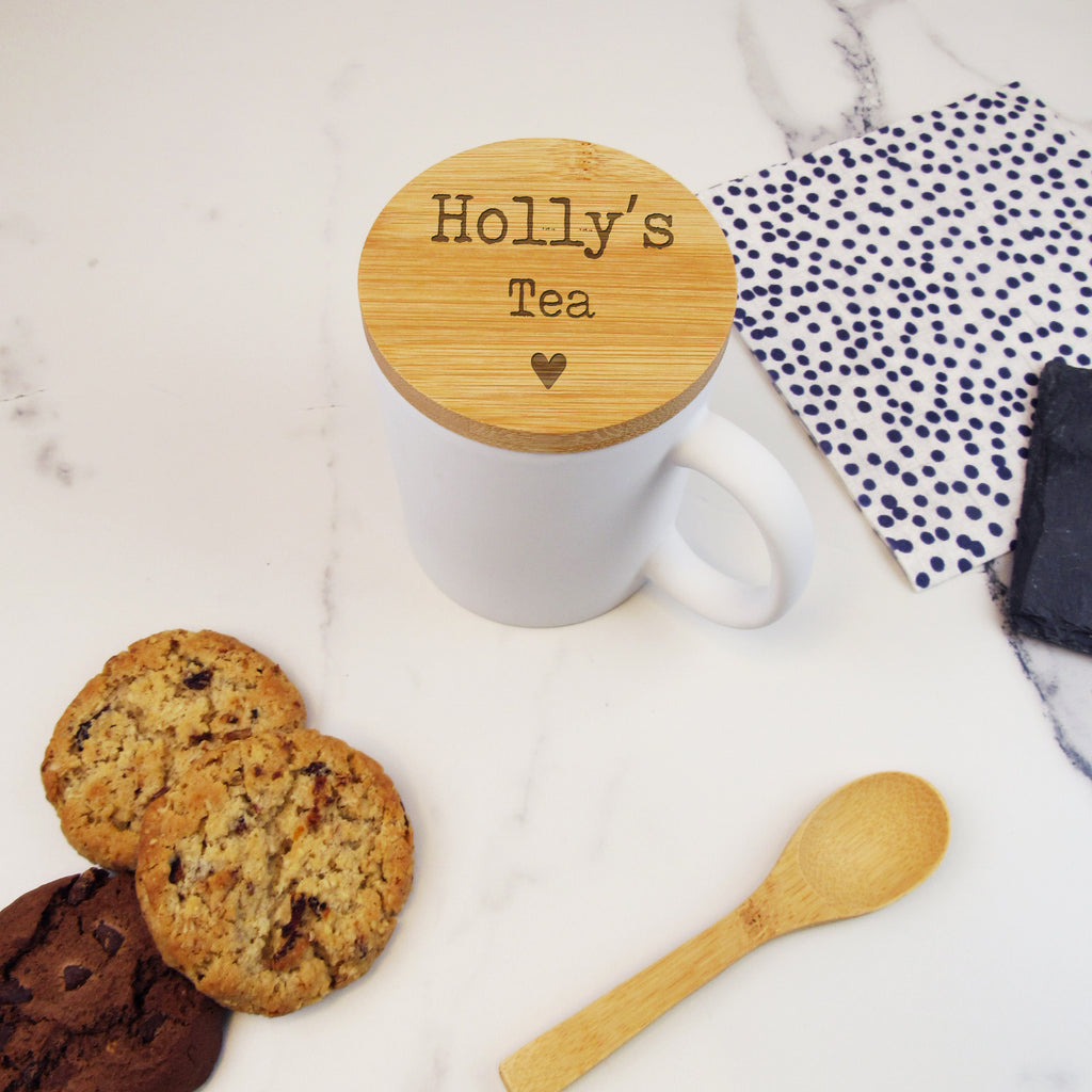 Personalised Tea Lover Mug with Polished Bamboo Lid - Any Name