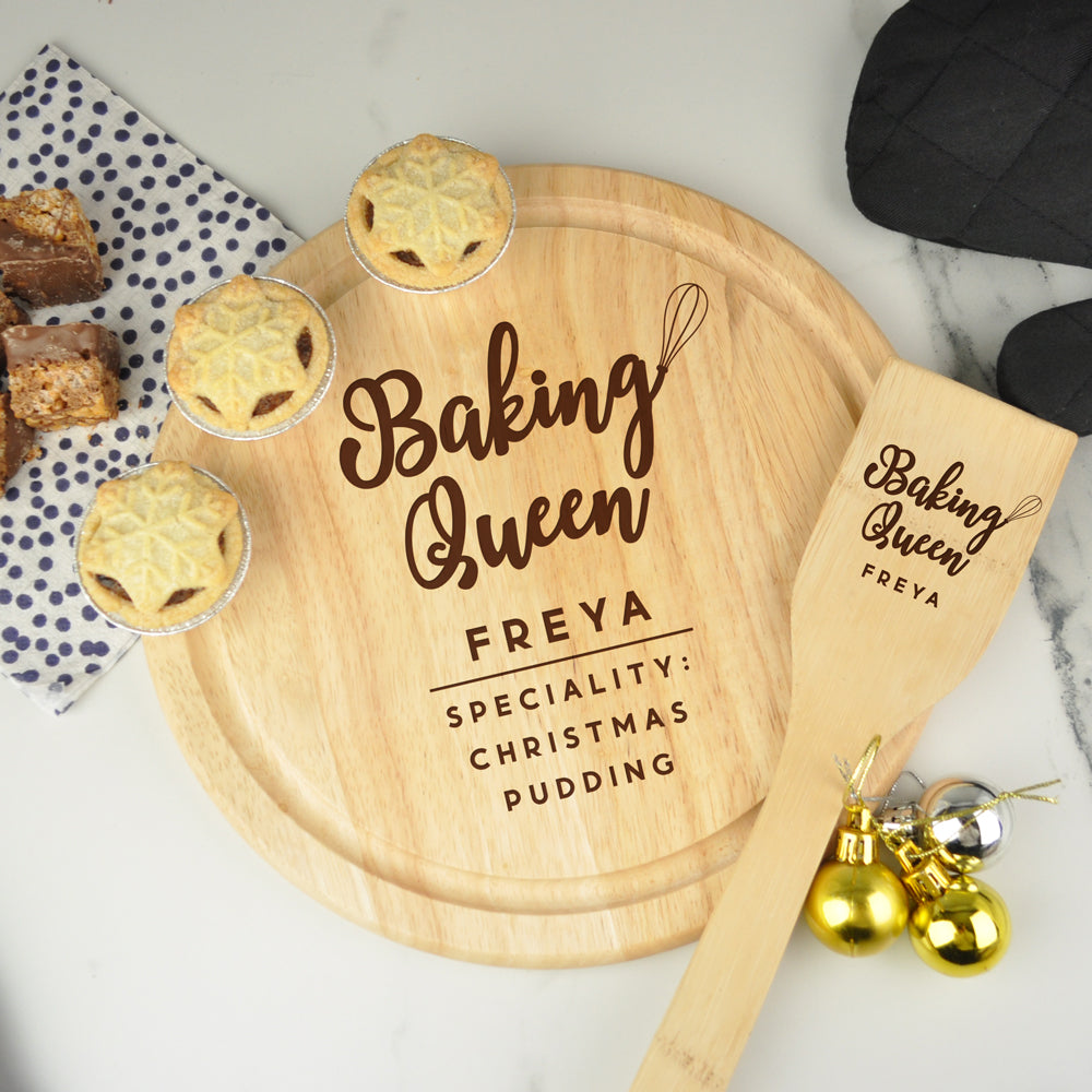 Personalised Baking Queen Baking Set, Round Wooden Cake Board and Wooden Spatula