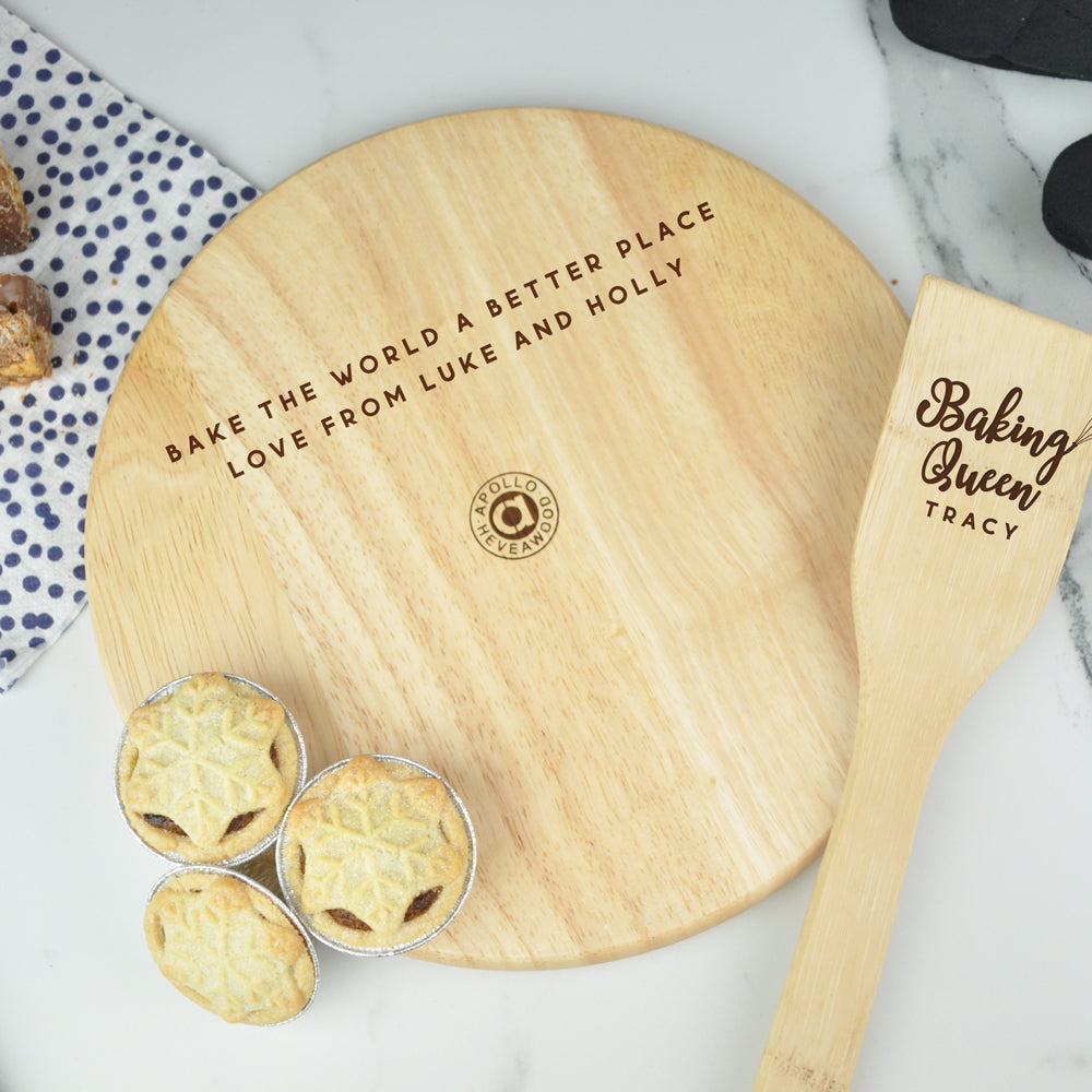 Personalised Baking Queen Baking Set, Round Wooden Cake Board and Wooden Spatula