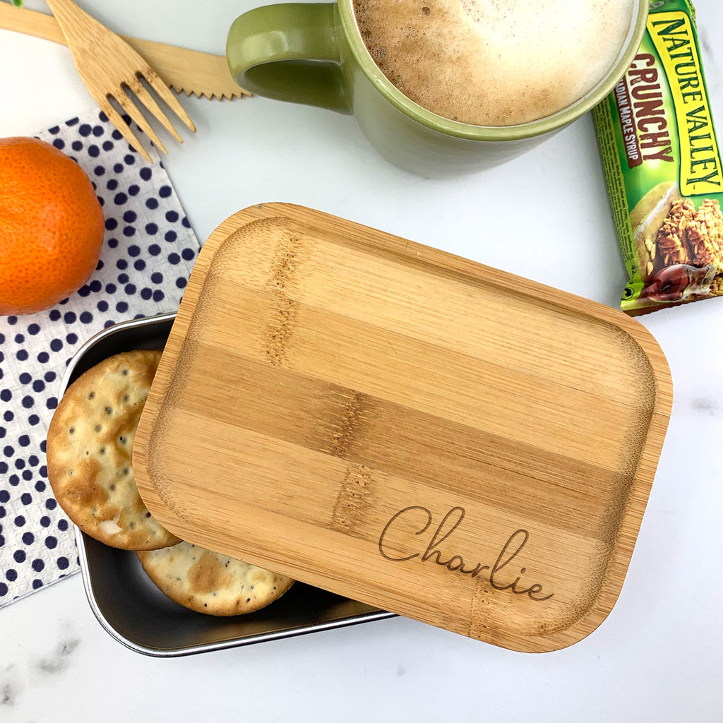 Personalised Bamboo Eco Friendly Metal Lunch Box with Bamboo Fork & Knife