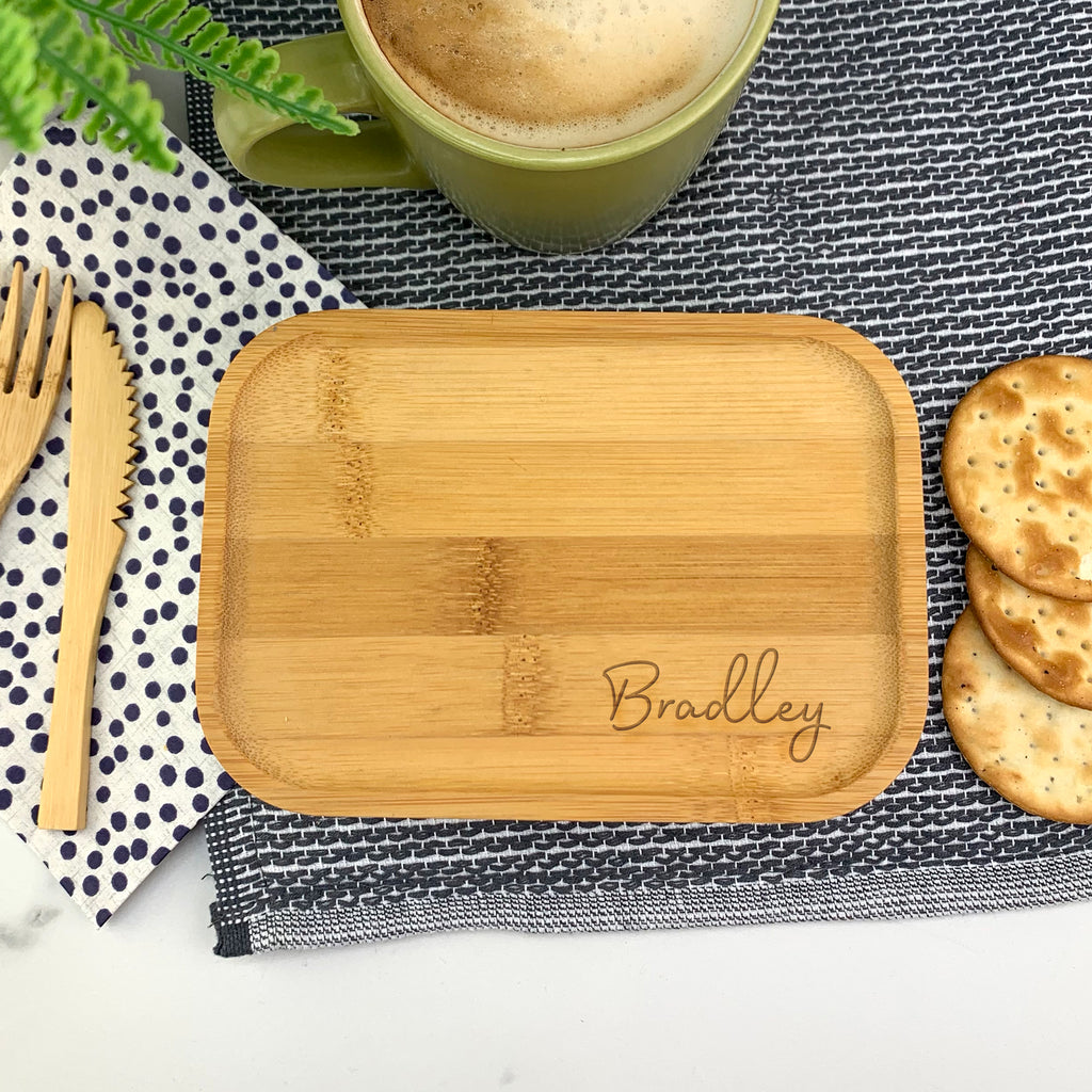 Personalised Bamboo Eco Friendly Metal Lunch Box with Bamboo Fork & Knife