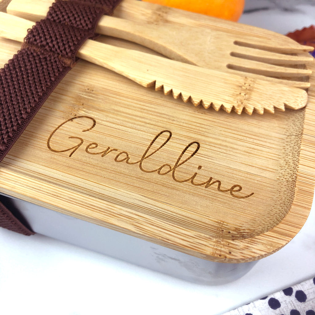 Personalised Bamboo Eco Friendly Metal Lunch Box with Bamboo Fork & Knife