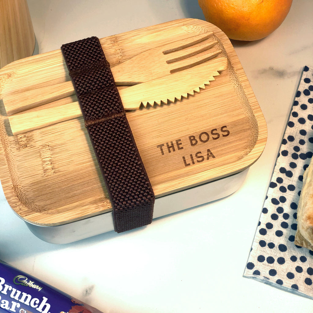 Personalised Metal Lunch Box with Wooden Bamboo Eco Friendly Lid & Utensils