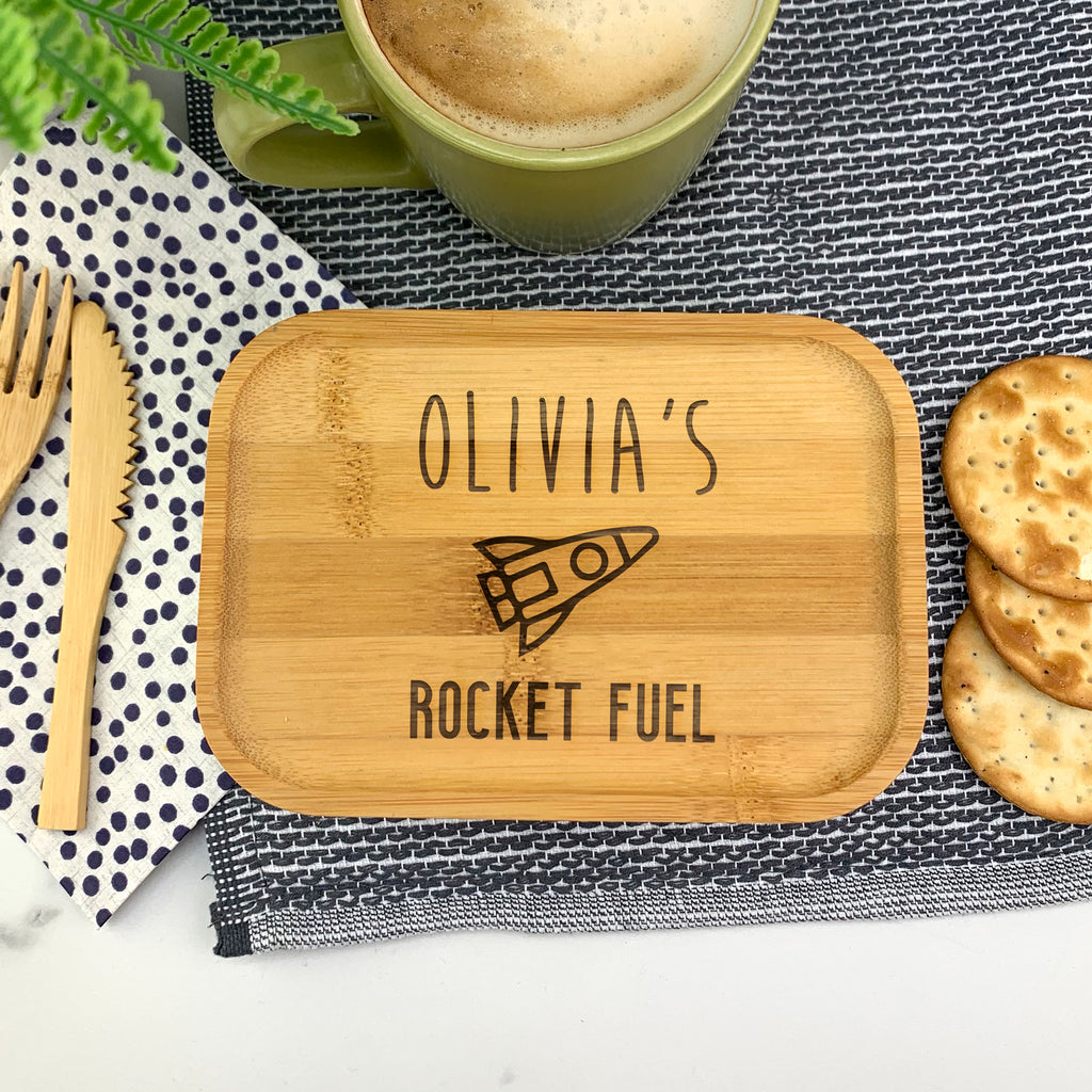 Personalised Childs "Rocket Fuel" Metal Lunch Box with Wooden Bamboo Lid & Utensils