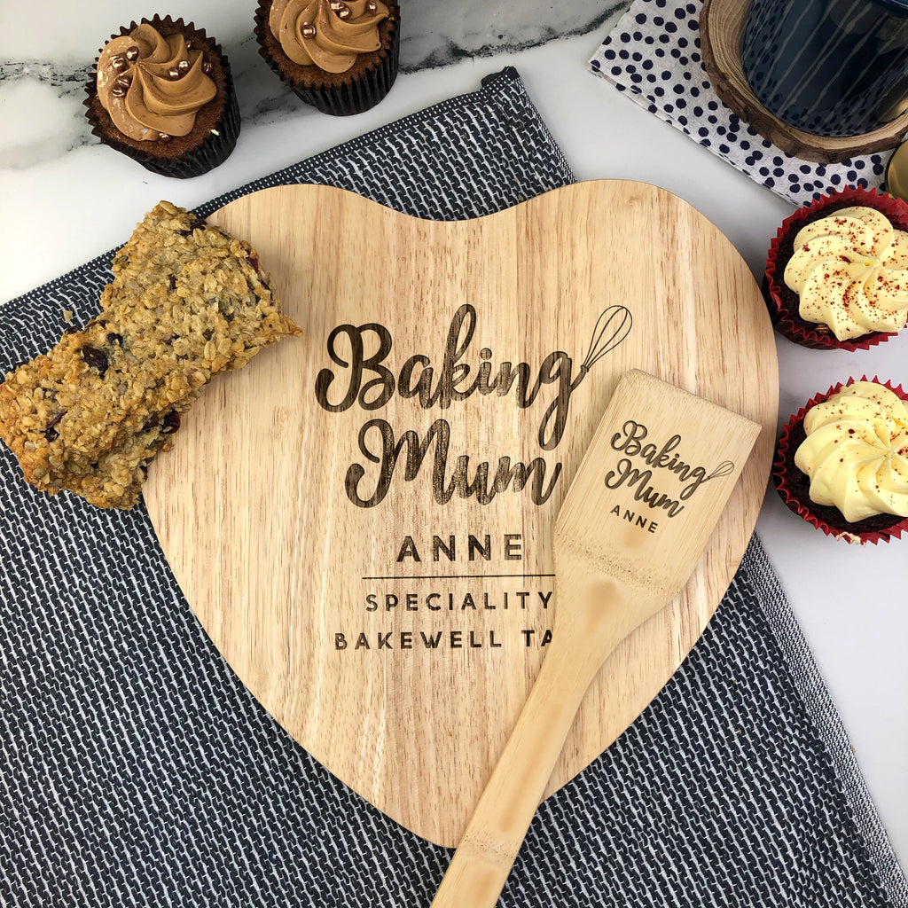 Personalised 'Baking Mum' Baking Set - Wooden Heart Cake Board & Spatula